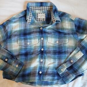 American Eagle Outfitters Blue Plaid Womens XS Oversized Button Down Crop Shirt